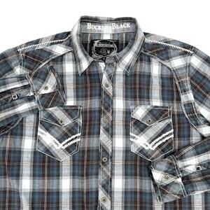 Buckle Black Label Shirt Mens XL Plaid Grey/Blue No 48 Slim Fit Snap Western